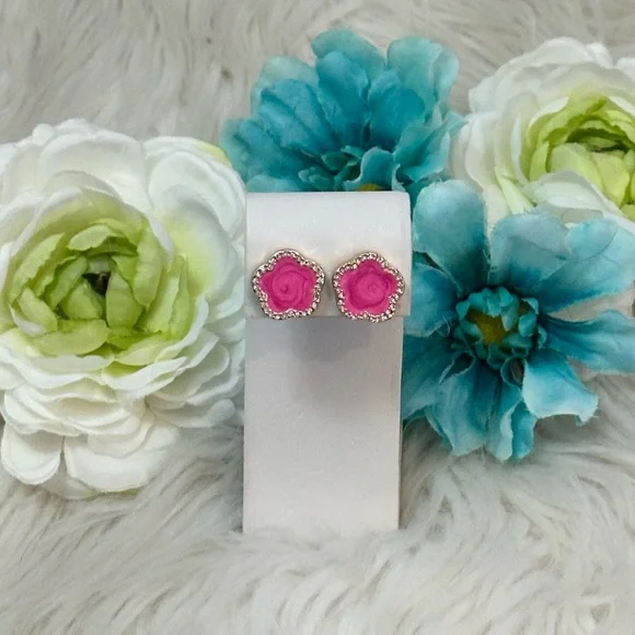 Pink Clover Enamel and Gemstones Gold Stud Earrings NEW! - Picture 2 of 5